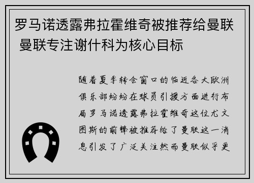罗马诺透露弗拉霍维奇被推荐给曼联 曼联专注谢什科为核心目标